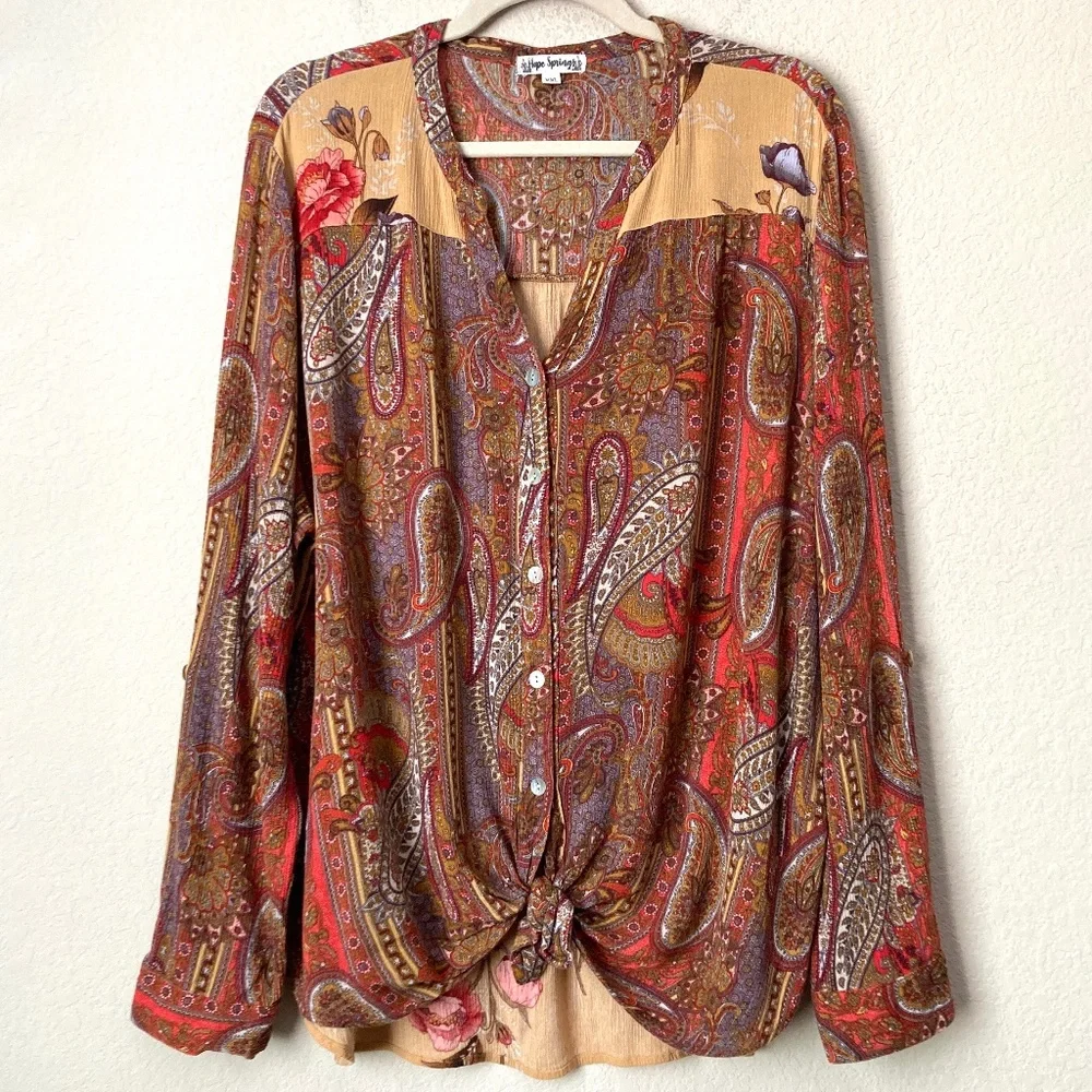 Hope Springs XXL Boho Mixed Print Button Down Floral Paisley Blouse Top